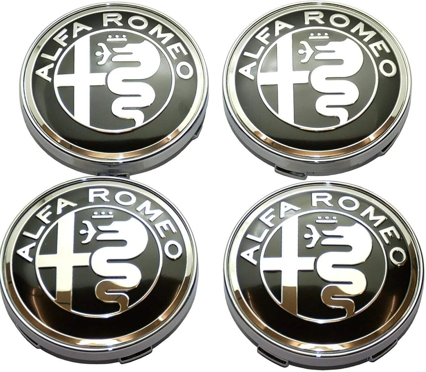 Set Tappi Coprimozzo 60mm Per Cerchi In Lega Compatibili Con Alfa Romeo Mito Giulietta 159 147 156 Stelvio Finitura Nero Argento