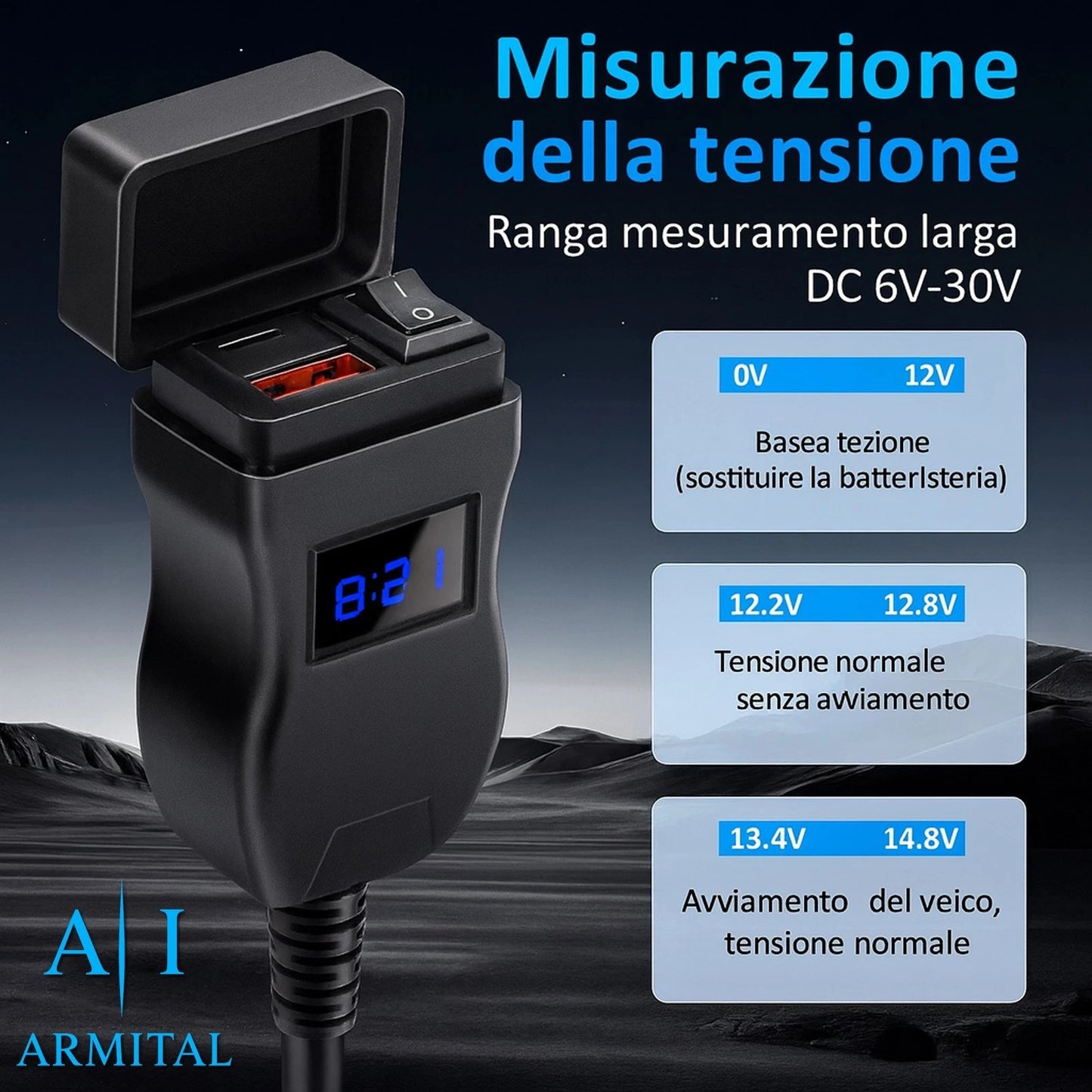 Caricatore USB Moto Impermeabile QC 3.0 e Type-C PD 30W - Presa Alimentazione 12V-24V con Voltmetro LED e Interruttore per Manubrio e Specchietto