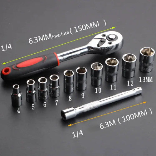 Set Chiavi a Bussola 12 Pezzi per Moto e Bici con Cricchetto e Bussole 4-13mm