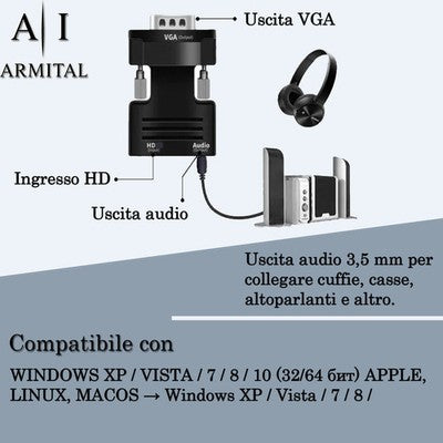 Adattatore Da HDMI A VGA Con Uscita Audio Jack 3.5mm Convertitore Full HD 1080p Per PC Laptop Console E Proiettori Nero