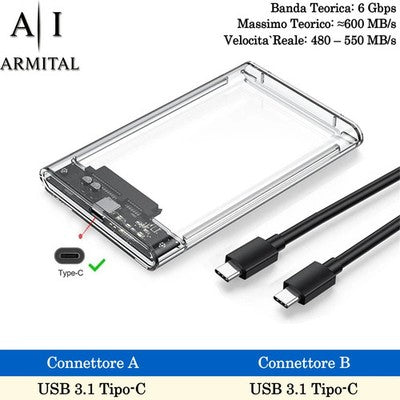 Box Esterno Trasparente USB 3.1 Per HDD SSD 2.5 SATA Con Supporto UASP Installazione Senza Attrezzi Case Protettivo Alta Velocità
