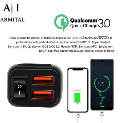 Caricabatterie Moto USB Rapido QC 3.0 e Type-C Impermeabile 12V 24V con Voltmetro LED e Interruttore