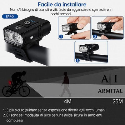 Luce Anteriore Per Bicicletta Doppio LED T6 Potente Ricaricabile USB-C Impermeabile 6 Modalità Illuminazione Professionale Per Ciclismo E Outdoor