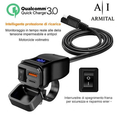 Caricabatterie Moto USB Rapido QC 3.0 e Type-C Impermeabile 12V 24V con Voltmetro LED e Interruttore
