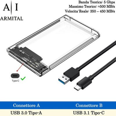 Box Esterno Trasparente USB 3.1 Per HDD SSD 2.5 SATA Con Supporto UASP Installazione Senza Attrezzi Case Protettivo Alta Velocità