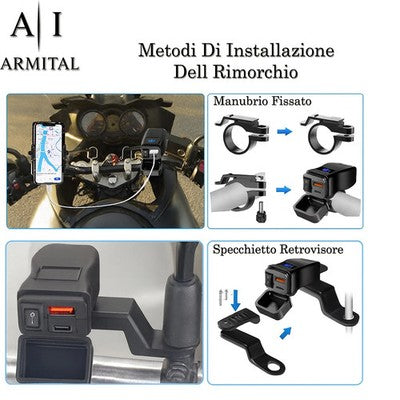 Caricabatterie Moto USB Rapido QC 3.0 e Type-C Impermeabile 12V 24V con Voltmetro LED e Interruttore