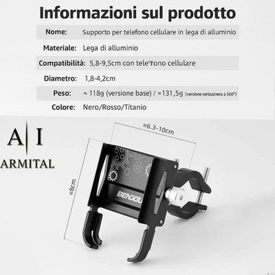Supporto Smartphone Universale in Lega di Alluminio Rotazione 360 Gradi per Bicicletta Moto MTB E-Bike e Scooter Professionale Anti-Vibrazione