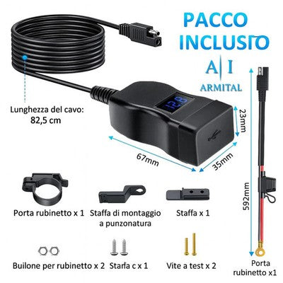 Caricabatterie Moto USB Rapido QC 3.0 e Type-C Impermeabile 12V 24V con Voltmetro LED e Interruttore