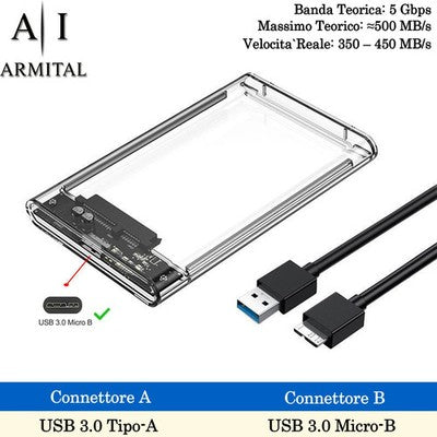 Box Esterno Trasparente USB 3.1 Per HDD SSD 2.5 SATA Con Supporto UASP Installazione Senza Attrezzi Case Protettivo Alta Velocità
