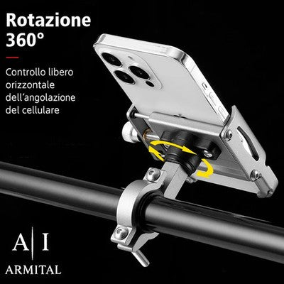 Supporto Smartphone Universale in Lega di Alluminio Rotazione 360 Gradi per Bicicletta Moto MTB E-Bike e Scooter Professionale Anti-Vibrazione
