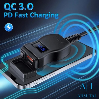 Caricabatterie Moto USB Rapido QC 3.0 e Type-C Impermeabile 12V 24V con Voltmetro LED e Interruttore