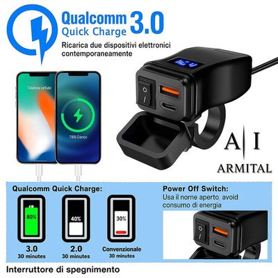 Caricabatterie Moto USB Rapido QC 3.0 e Type-C Impermeabile 12V 24V con Voltmetro LED e Interruttore