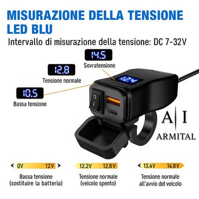 Caricabatterie Moto USB Rapido QC 3.0 e Type-C Impermeabile 12V 24V con Voltmetro LED e Interruttore