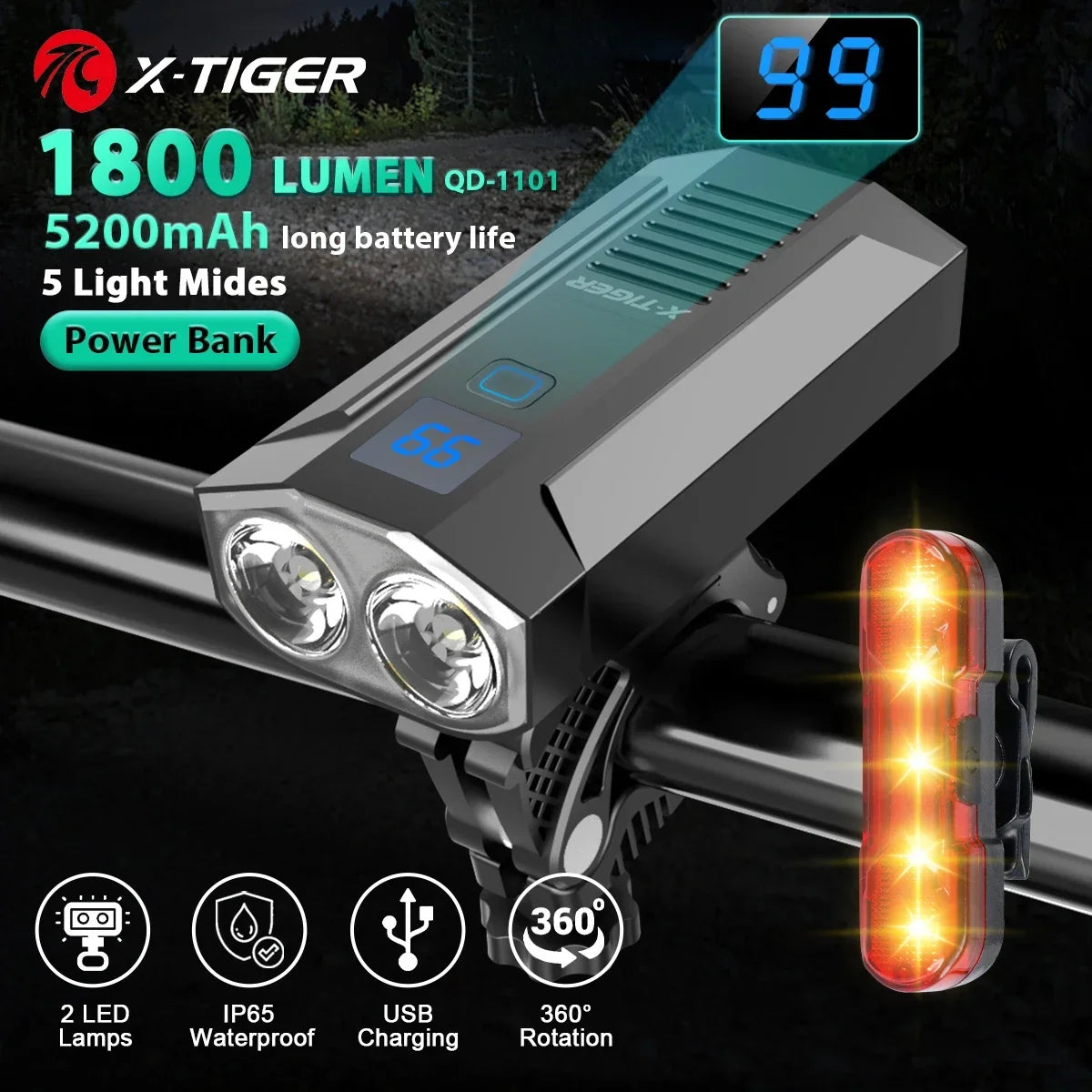 Luce per bici LED ricaricabile in ABS per bicicletta impermeabile