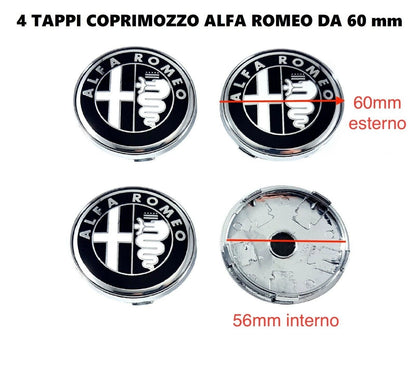 Set Tappi Coprimozzo 60mm Compatibili Con Alfa Romeo Mito Giulietta 147 159 - Kit 4 Pezzi Nero Argento Per Cerchi In Lega