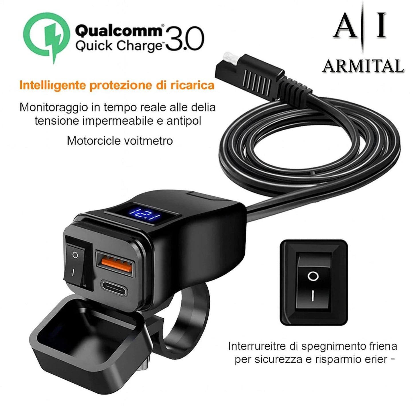 Caricatore USB Moto Impermeabile QC 3.0 e Type-C PD 30W - Presa Alimentazione 12V-24V con Voltmetro LED e Interruttore per Manubrio e Specchietto