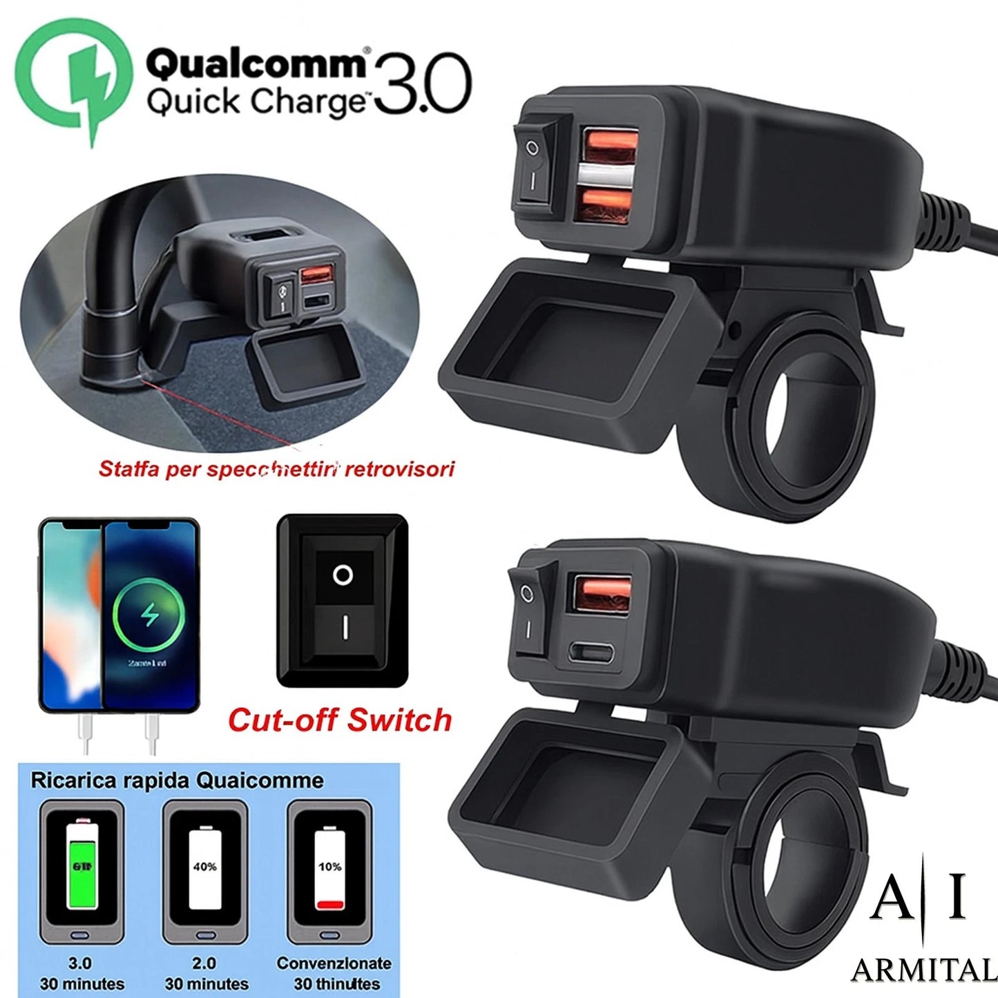 Caricatore USB Moto Impermeabile QC 3.0 e Type-C PD 30W - Presa Alimentazione 12V-24V con Voltmetro LED e Interruttore per Manubrio e Specchietto