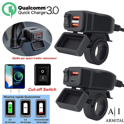 Caricatore USB Moto Impermeabile QC 3.0 e Type-C PD 30W - Presa Alimentazione 12V-24V con Voltmetro LED e Interruttore per Manubrio e Specchietto
