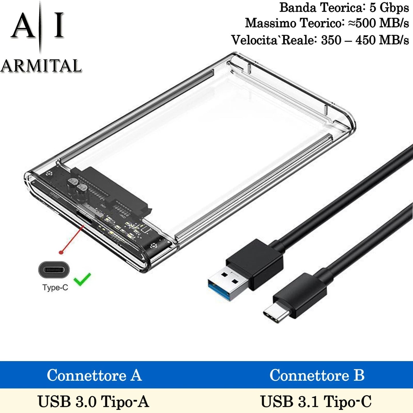 Case Esterno Trasparente HDD SSD 2.5 SATA III USB 3.0 UASP Installazione Rapida