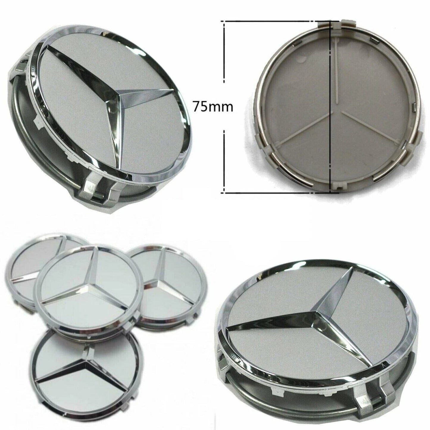 Set 4 Tappi Coprimozzo Argento 75mm Compatibili Con Mercedes Classe A B C E S GLE CLA CLK ML Ricambio Cerchi In Lega