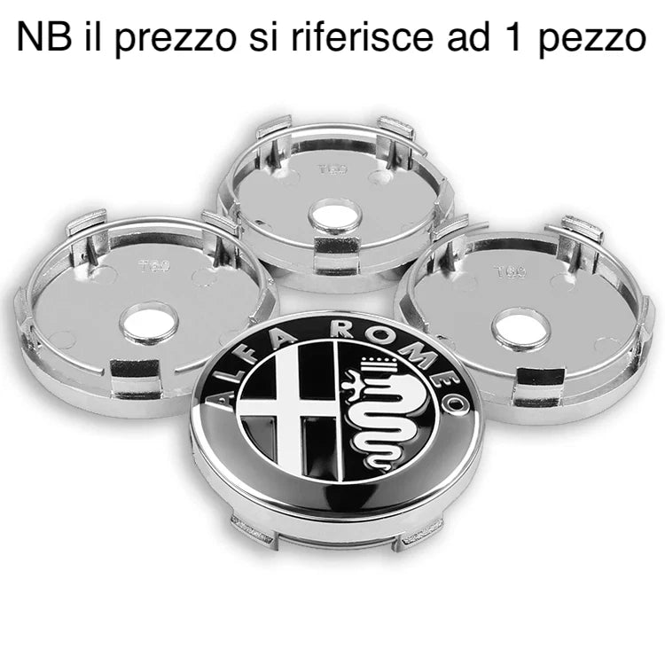 Set Tappi Coprimozzo 60mm Per Cerchi In Lega Compatibili Con Alfa Romeo Mito Giulietta 159 147 156 Stelvio Finitura Nero Argento