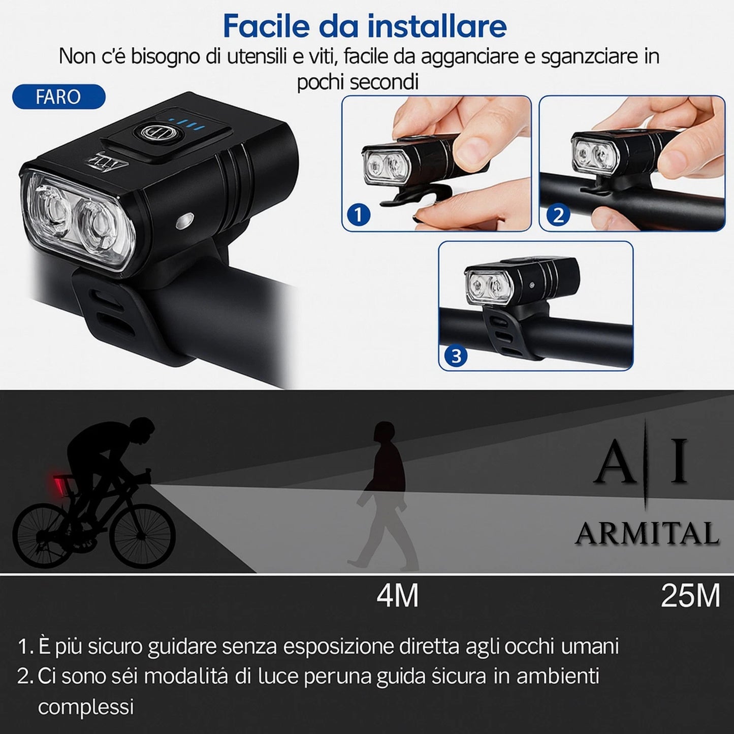 Faro Bici LED T6 Ricaricabile USB-C Impermeabile 6 Modalità Luce Anteriore