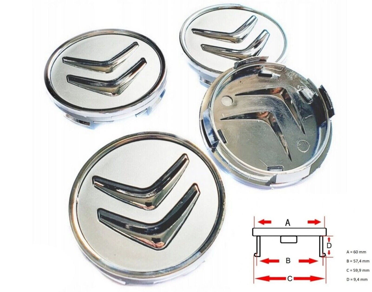 Set 4 Tappi Coprimozzo Grigio Argento Per Cerchi In Lega Citroen C3 C4 C5 DS3 DS4 Diametro 60mm Ricambio Estetico Alta Qualità