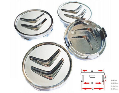Set 4 Tappi Coprimozzo Grigio Argento Per Cerchi In Lega Citroen C3 C4 C5 DS3 DS4 Diametro 60mm Ricambio Estetico Alta Qualità