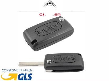 Guscio Scocca Chiave Telecomando Compatibile Per Citroen C2 C3 C4 C5 C6 C8 - Cover 3 Tasti Con Lama A Scatto E Scanalatura Laterale