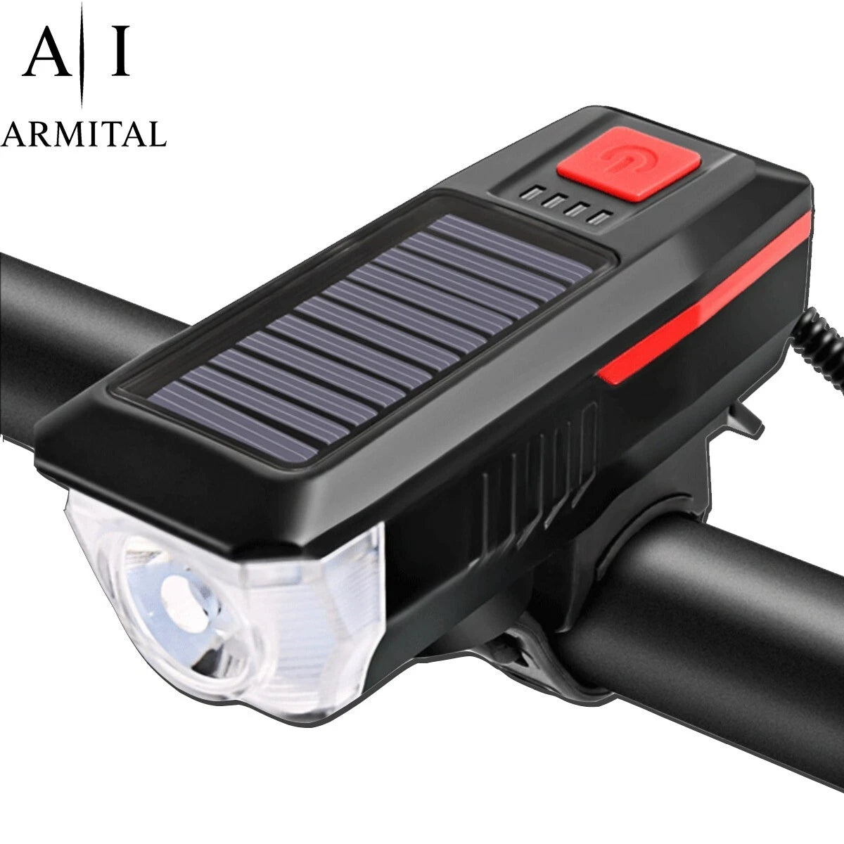 Luce Bici LED Solare USB con Clacson 120dB Impermeabile Batteria 2000mAh