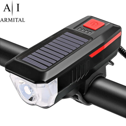 Luce Bici LED Solare USB con Clacson 120dB Impermeabile Batteria 2000mAh
