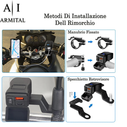 Caricatore USB Moto Impermeabile QC 3.0 e Type-C PD 30W - Presa Alimentazione 12V-24V con Voltmetro LED e Interruttore per Manubrio e Specchietto