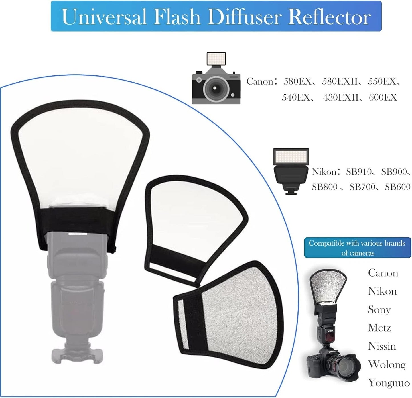 Diffusore Flash Universale Riflettore Argento e Bianco per Canon Nikon Sony