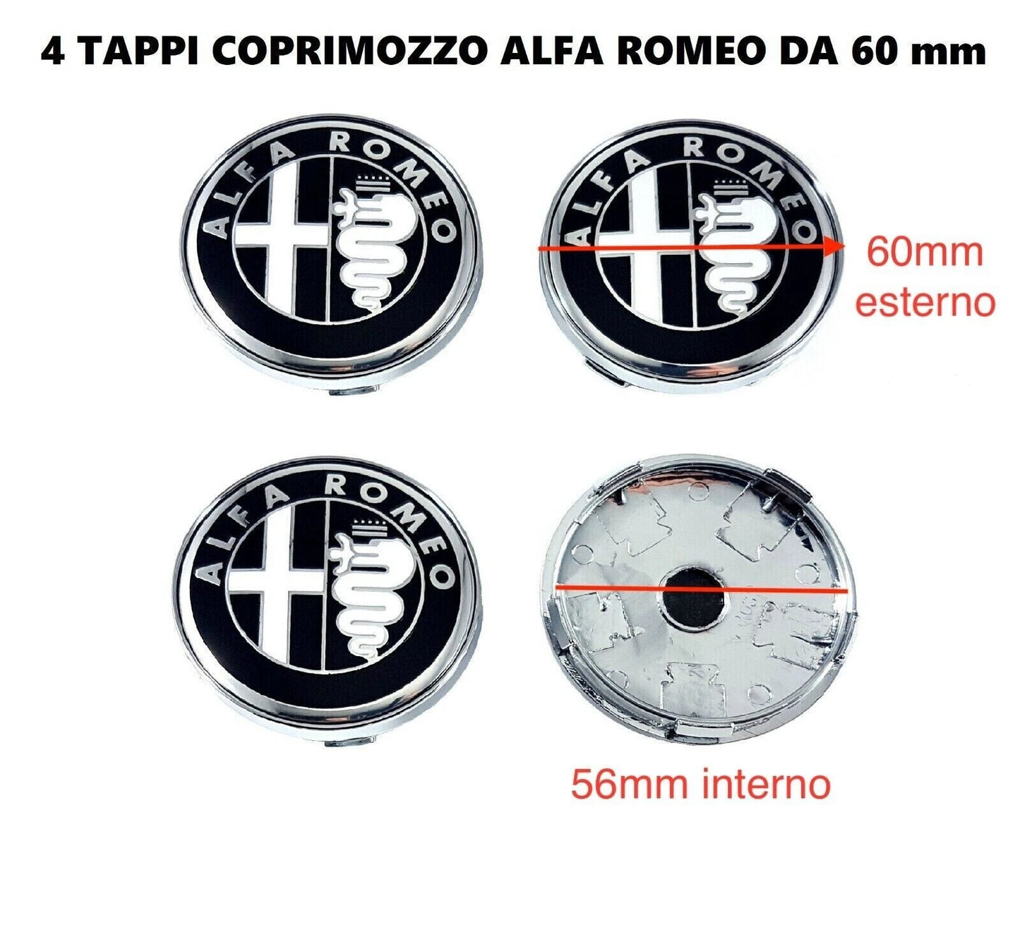 Set 4 Tappi Coprimozzo Da 60mm Per Cerchi In Lega Alfa Romeo Mito Giulietta E 147 Colore Nero Argento