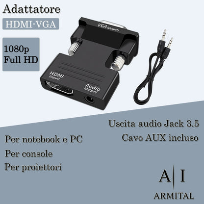 Adattatore Convertitore HDMI a VGA Full HD 1080p con Uscita Audio Jack 3.5mm e Connettori Placcati Oro per PC Laptop Console e Proiettori