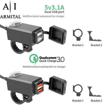 Caricatore USB Moto QC3.0 Impermeabile Doppia Porta 12V con Interruttore ON OFF