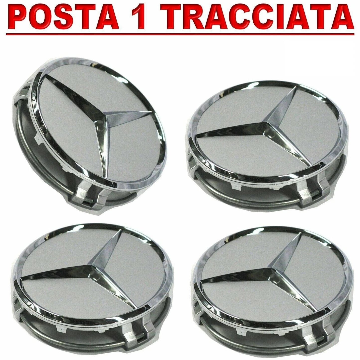 Set 4 Tappi Coprimozzo Argento 75mm Compatibili Con Mercedes Classe A B C E S GLE CLA CLK ML Ricambio Cerchi In Lega