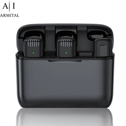 Microfono Lavalier Wireless Professionale Doppio con Custodia Ricarica USB-C
