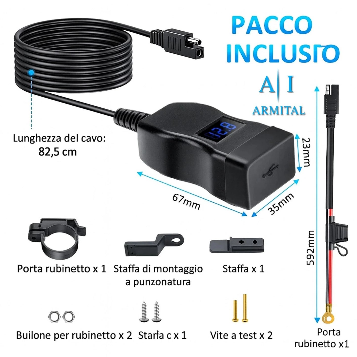 Caricatore USB Moto Type-C PD 30W QC 3.0 Impermeabile con Voltmetro 12V 24V