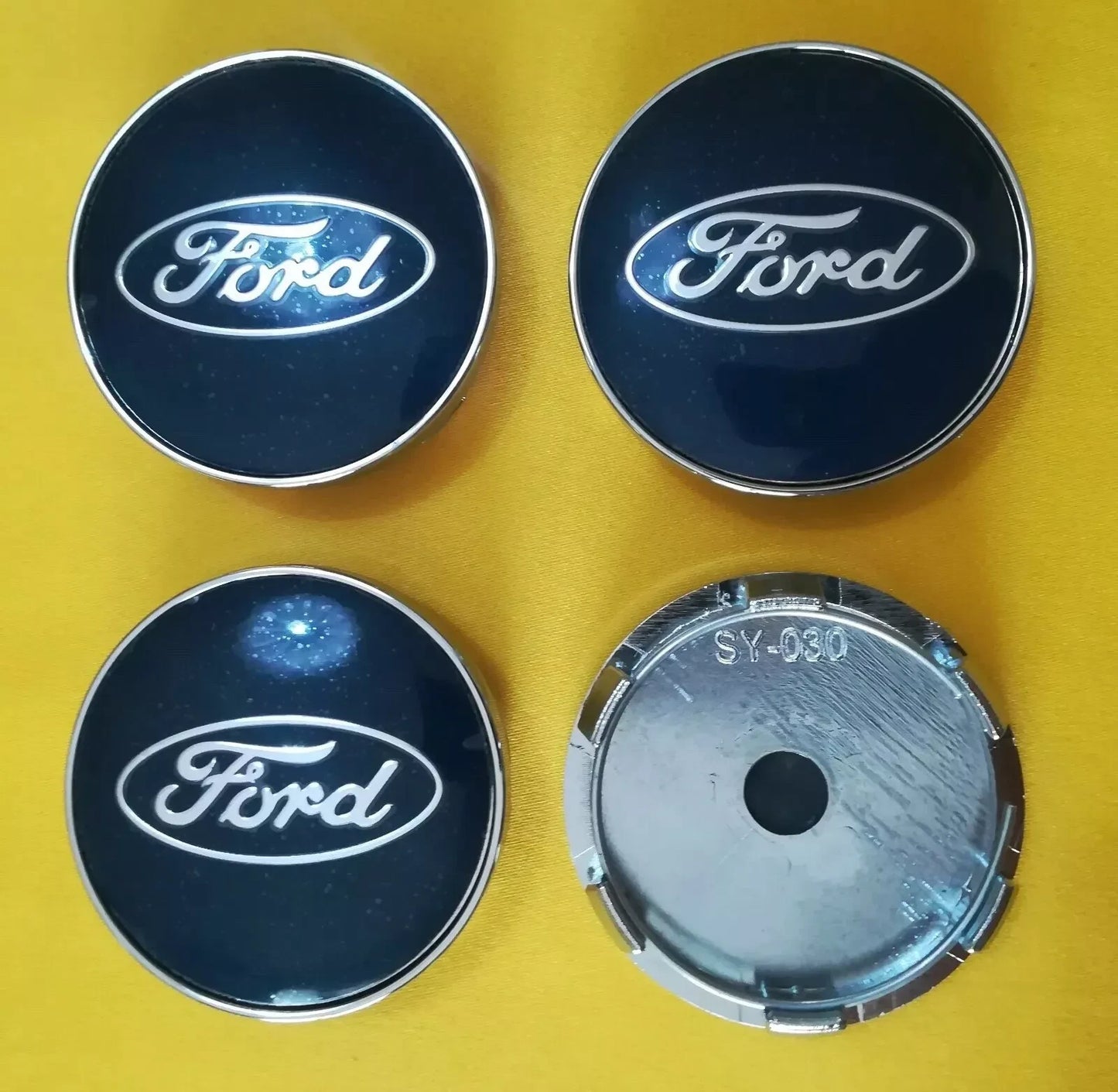 Set 4 Tappi Coprimozzo Argento E Blu Compatibili Con Ford Diametro 60mm In ABS Alta Resistenza