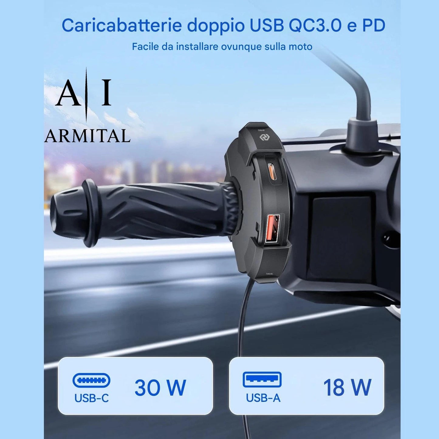 Caricatore Moto Professionale USB-C PD 30W e USB-A QC 3.0 Impermeabile IP65 - Presa Ricarica Rapida per Manubrio 22mm - Alimentatore Universale Smartphone per Moto e Quad