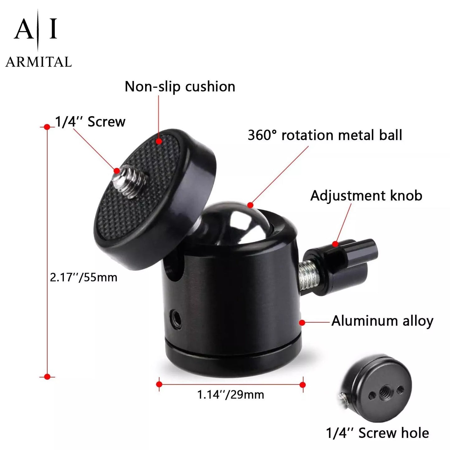 Supporto Mini Testa a Sfera 360 Gradi Filettatura 1/4 Adattatore Hot Shoe Nero