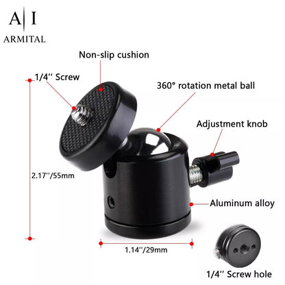 Supporto Mini Testa a Sfera 360 Gradi Filettatura 1/4 Adattatore Hot Shoe Nero