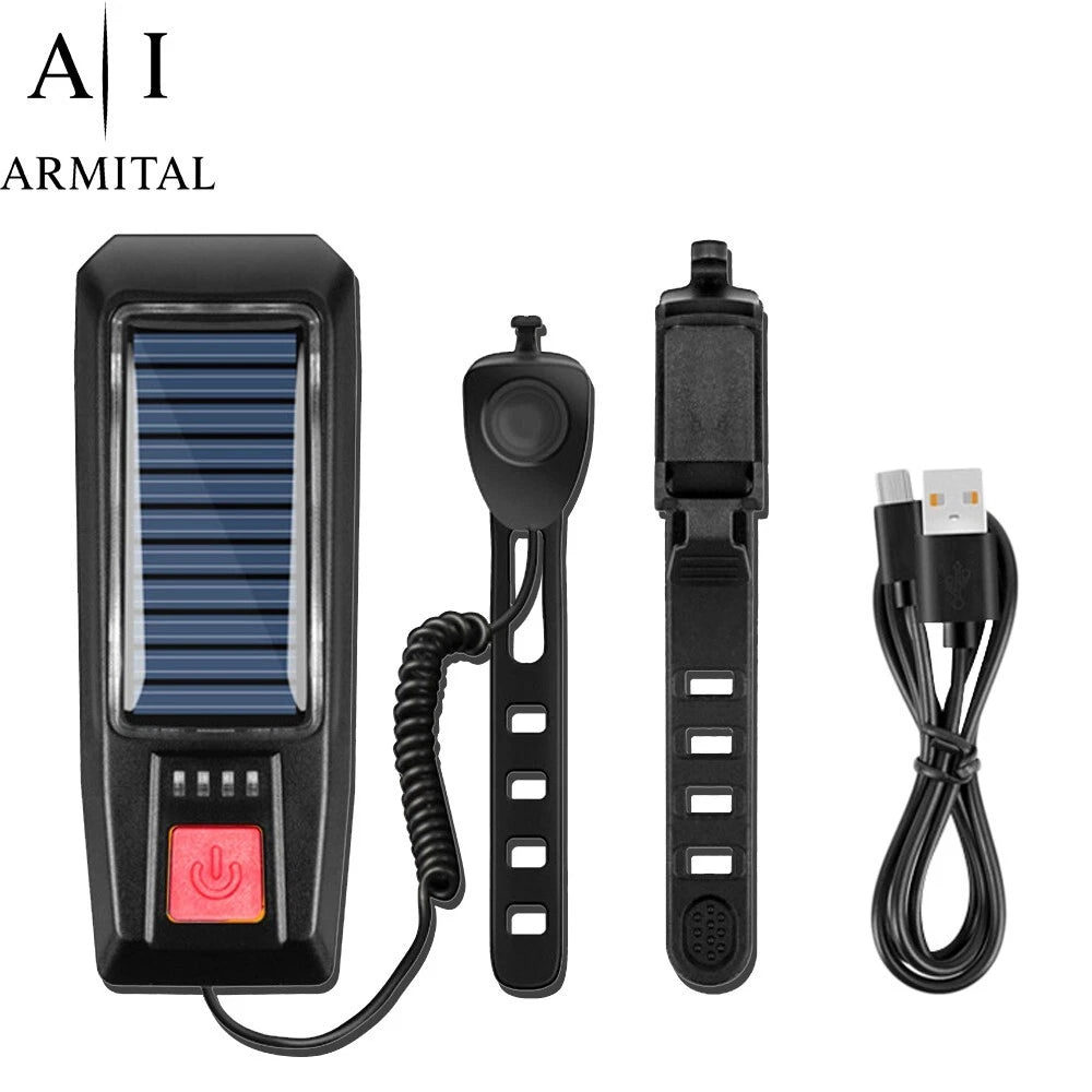 Luce Bici LED Solare USB con Clacson 120dB Impermeabile Batteria 2000mAh