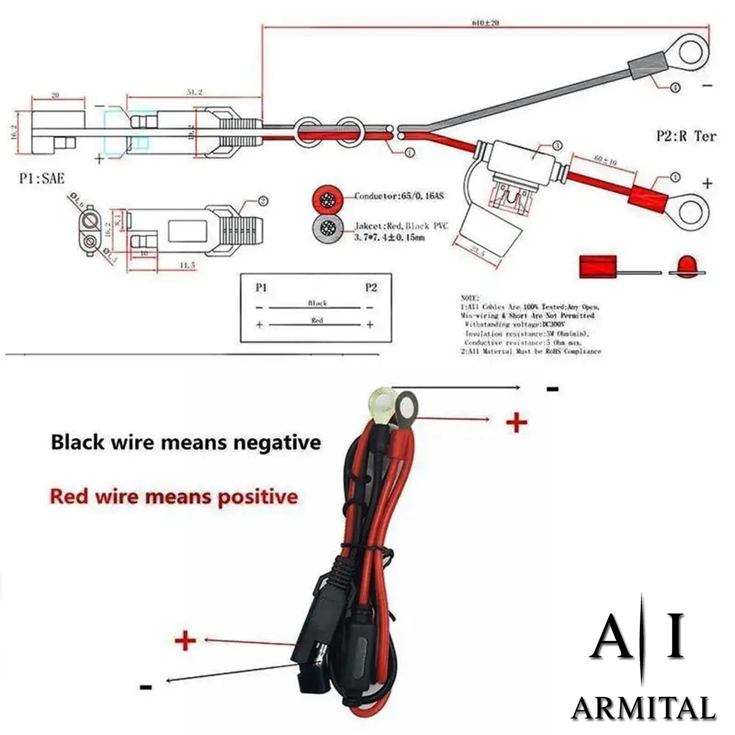 Cavo SAE 2 Pin 12V con Terminali ad Anello e Fusibile 10A per Moto e Auto