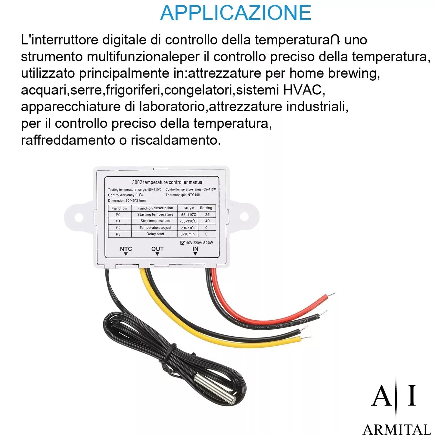 Termostato Digitale XH-W3002 Regolatore Temperatura 220V 1500W con Sonda NTC