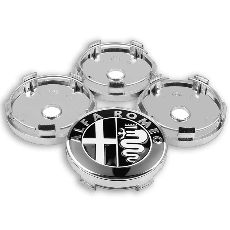 Set 4 Tappi Coprimozzo Da 60mm Per Cerchi In Lega Alfa Romeo Mito Giulietta E 147 Colore Nero Argento