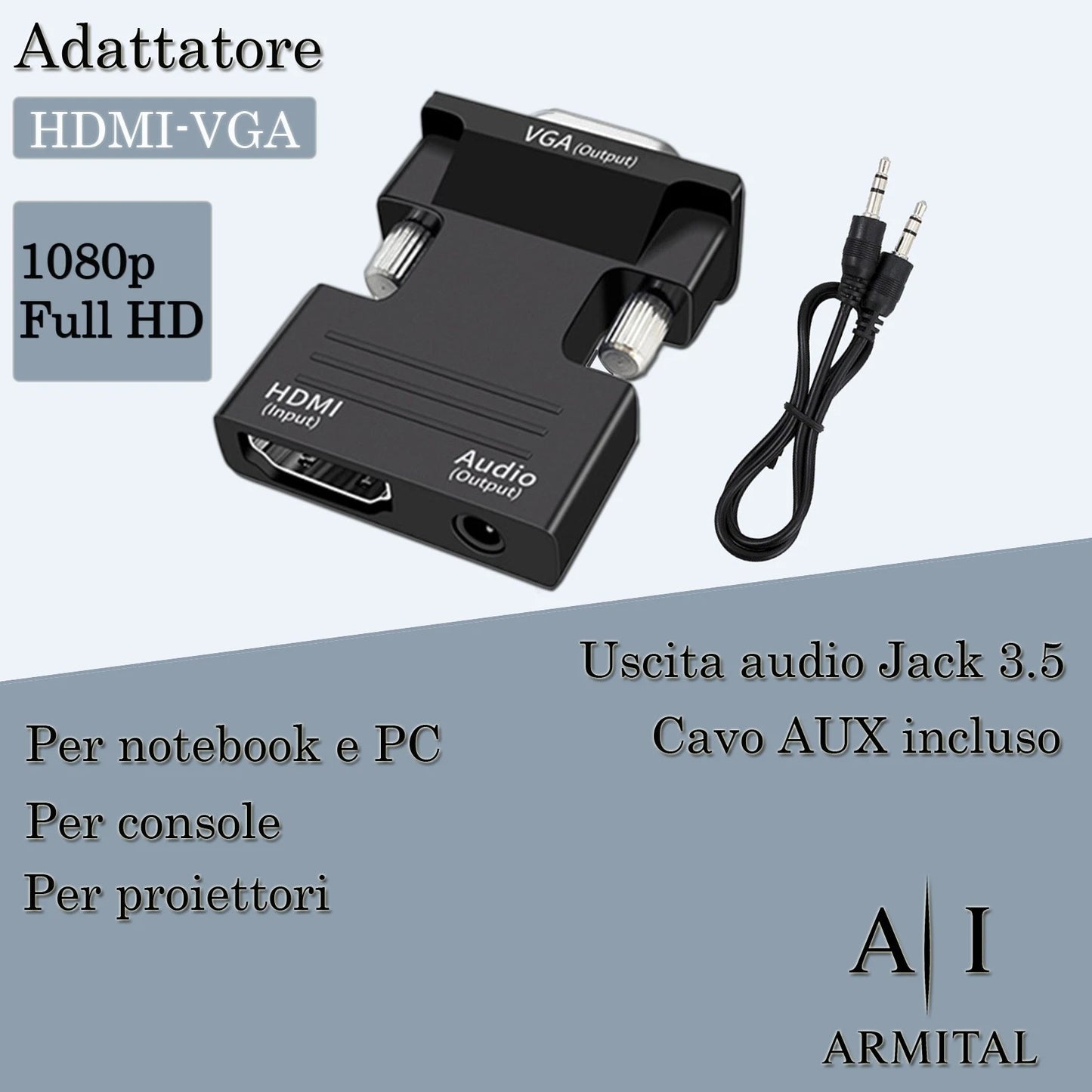 Adattatore HDMI Maschio a VGA Femmina 1080p con Uscita Audio Jack 3.5mm Nero