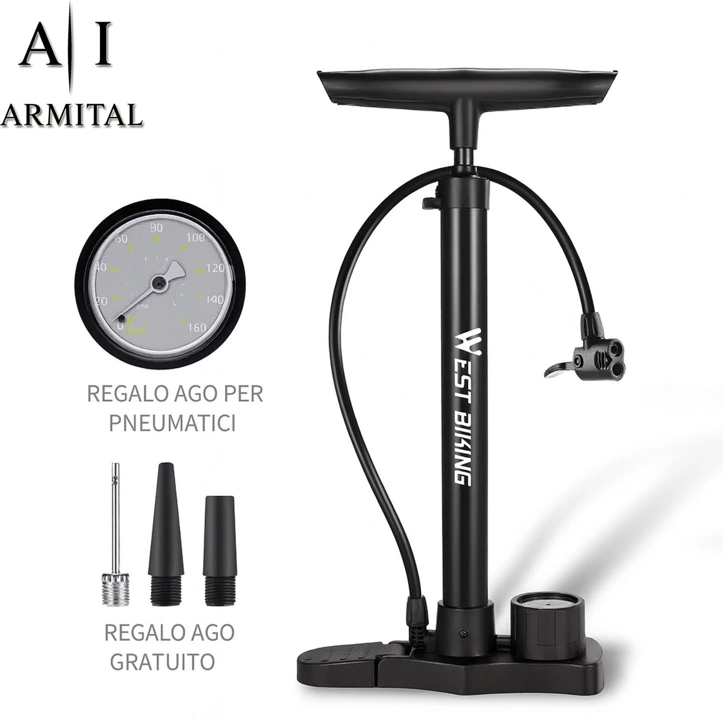 Pompa Da Terra Professionale In Alluminio 160 PSI Con Manometro Di Precisione Per Valvole Presta E Schrader Universale Bici Moto Auto