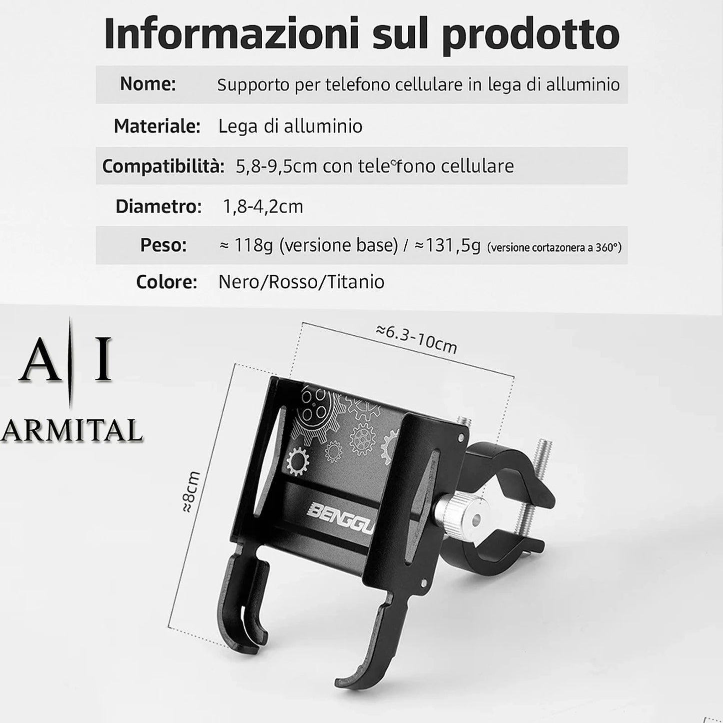 Supporto Smartphone per Bici e Moto in Alluminio con Rotazione 360 Gradi Nero
